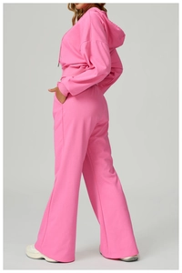 Detailed back view of pink drawstring hoodie and high-waist wide-leg lounge pants set