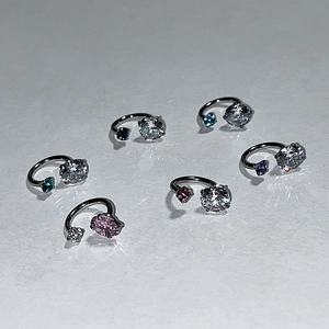 Set of 6 titanium steel horseshoe rings with colorful zircon crystals in various sizes