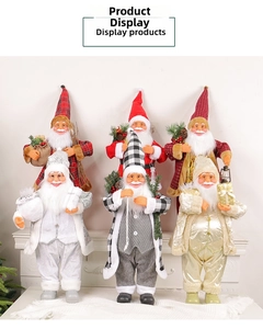 Detailed display of six classic Santa Claus dolls in various festive textile outfits