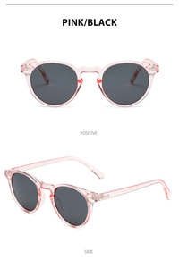 Front and side views of vintage round pink frames with dark polarized lenses