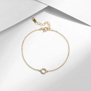 Minimalist S925 sterling silver gold bracelet with sparkling micro-pave circle pendant