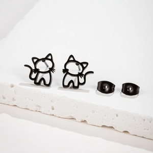 Minimalist black hollow cat stud earrings in matte stainless steel with butterfly backs