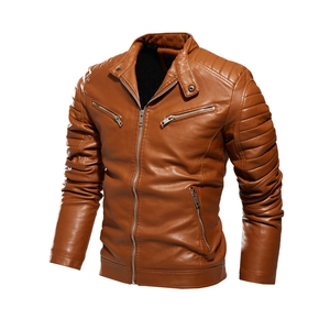 Men's slim fit brown motorcycle PU leather jacket with quilted shoulder details
