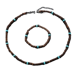 Ensemble collier et bracelet pour hommes en perles de coco et turquoise bohème