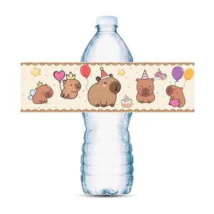 Capybara party water bottle labels showing 20x5cm dimensions for birthday decor