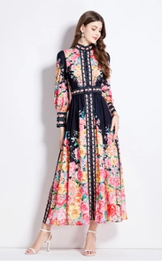 Detailed view of dark blue floral midi dress with stand collar and single-breasted design