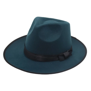 Detailed view of teal wool felt fedora with black ribbon bow and ribbon edge brim