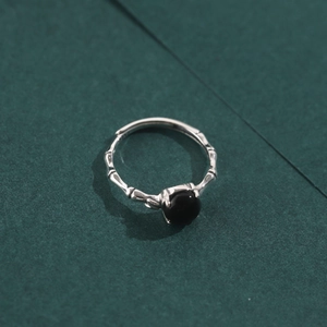 Vintage 925 Sterling Silver Bamboo Open Ring Women Black Agate Cabochon Retro Distressed Adjustable Finger Ring Jewelry