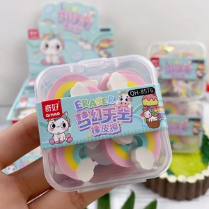 Close-up of rainbow-colored unicorn eraser in a clear box from the soccer player set