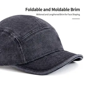 Casquette de camping 5 pans gris foncé en sergé de coton délavé à bord souple