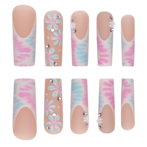 Long coffin press-on nails with pink blue tie-dye and floral rhinestone 3D accents