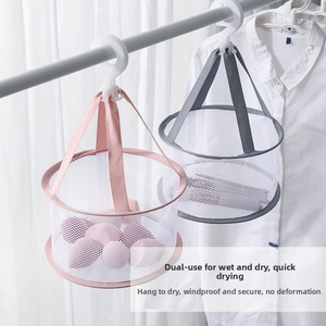 Detail of hanging mesh drying basket with windproof hook for makeup sponges