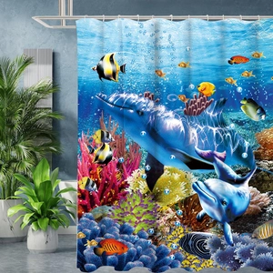 Detail of 3D marine life shower curtain with vibrant dolphins and colorful coral reef