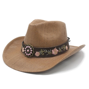Cowboy Hat Vintage Straw Woven Wide Brim Sun Protection Breathable Beach Vacation Ethnic Floral Embroidered Band Men Women