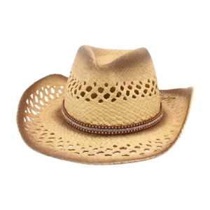 Hollow weave straw cowboy hat with gradient edges and rhinestone decorative band