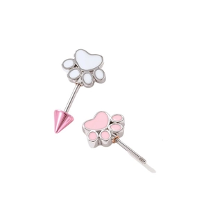 Cat paw stud earrings with white and pink enamel and cone screw back fasteners