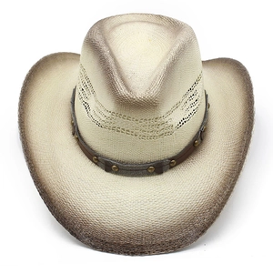 Ethnic straw cowboy hat with gradient brim and turquoise rivet leather band