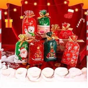 Close-up of festive Christmas drawstring gift bags with Santa and polar bear patterns