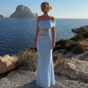 Detail of light blue one-shoulder dress with mesh waist cut-out and pleated bodice fabric