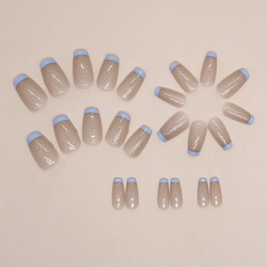 Sparkling light blue French tip short ballerina press-on nails with glitter finish