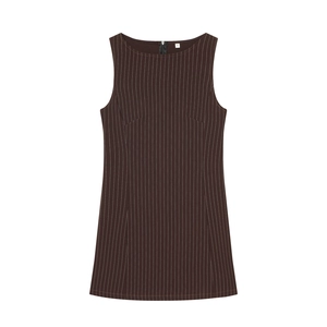 Robe courte sans manches marron foncé à fines rayures blanches et fermeture à glissière