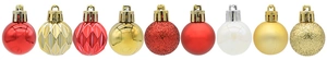 Detail of multi-texture 3cm Christmas balls in red, gold, and white finishes
