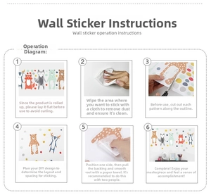Six-step installation guide for DIY cartoon animal wall stickers on a clean surface
