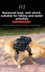Detail of camouflage nylon dog backpack with symmetrical saddlebags and sturdy handle