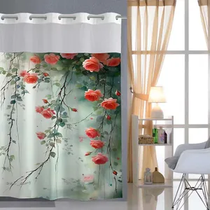 Detail of pink rose floral print and silver metal grommets on mint green shower curtain