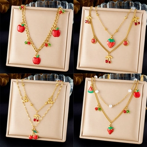 Stainless Steel Red Fruit Pendant Necklace Double Layered Strawberry Cherry Apple Watermelon Summer Sweet Jewelry For Women