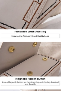 Détail du sac en cuir crème avec coutures en zigzag et double boucles magnétiques