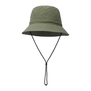 Close-up of olive green sun hat featuring an adjustable black windproof chin strap