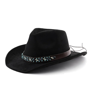 Bohemian black suede western cowboy hat with ethnic beaded leather band and curved brim