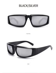 Front and side views of punk silver lens sunglasses with a black frame and wide temples
