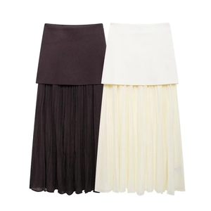Women Elegant Pleated Midi Skirt Knit Mesh Splicing High Waist Solid Color Commute Long Skirt