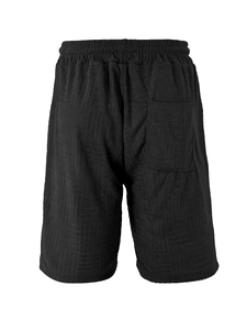 Detail of men's black knit shorts featuring geometric jacquard texture and rear pocket