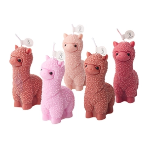 Set of five alpaca scented candles in shades of pink with realistic curly wool textures