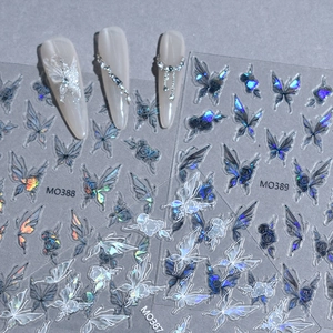 5D embossed aurora butterfly and rose nail art stickers with holographic laser shell finish