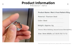 Detailed view of titanium steel ring featuring frosted rime pattern and polished surface