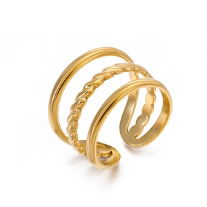 Three-layer 18K gold plated stainless steel open ring with twisted chain and smooth bands