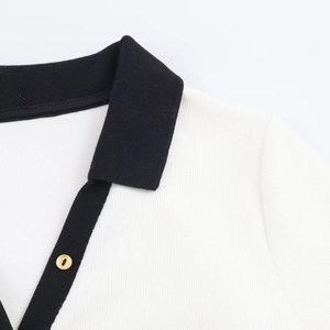 Detail of color-block knit polo shirt featuring a gold button and ribbed collar texture