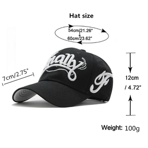 Classic black baseball cap with white 3D embroidery showing detailed size measurements