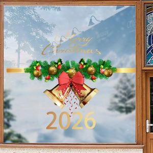 Christmas window sticker with golden bells, red bow, pine branches and 2026 Merry Christmas sign