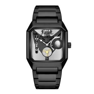 Detailed close-up of a matte black skeleton watch showing gears and hexagon case