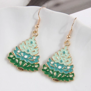 Christmas tree drop earrings with green enamel layers and gold hooks for women