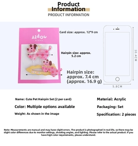 Detailed size specifications for pink acrylic dog hair clips with phone scale comparison