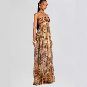 Abito Maxi Halter Stampa Paisley Cut-Out Schiena Scoperta Satin Boho Vacanze Vestito Lungo Donna