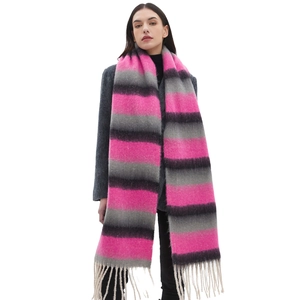 Thick pink and grey striped knit scarf with long tassels for women and men