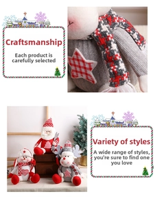 Detail of Christmas plush toys featuring knitted hats and festive plaid scarves
