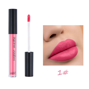 Detail view of 1# dark pink matte liquid lipstick with applicator and lip swatch